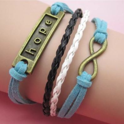 AZ1310 Light Blue White Black Hope Infinity Layer Leather Bracelet