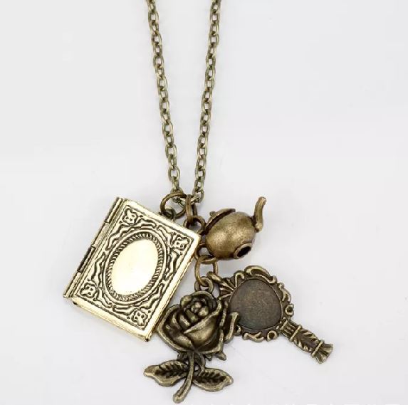 AZ73 Bronze Book Locket Rose Tea Mirror Necklace with FREE Earrings - Iris Fashion Jewelry