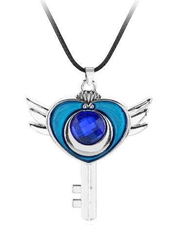 AZ634 Silver Blue Heart Key on Leather Cord Necklace with FREE EARRINGS