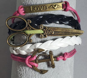 AZ286 Pink Love Scissor Anchor Leather Layer Bracelet