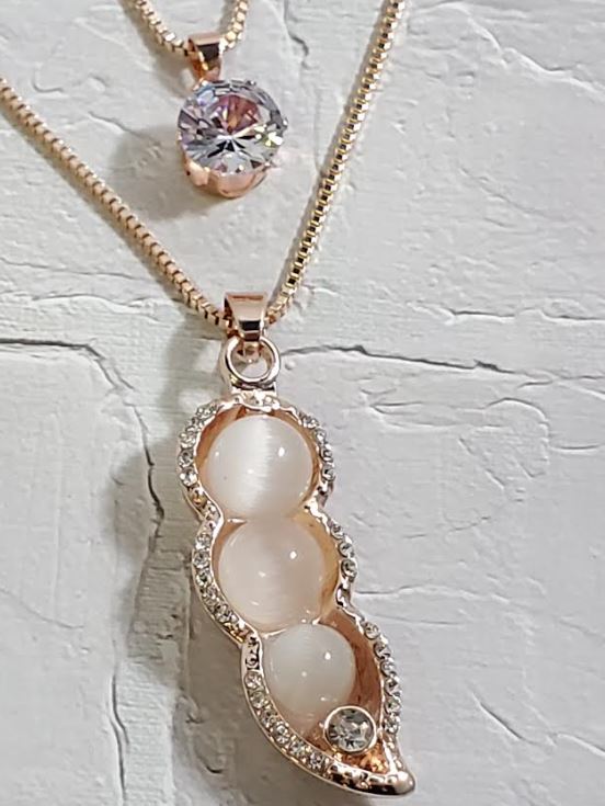 AZ647 Rose Gold Moonstone Pea in a Pod Necklace with FREE EARRINGS