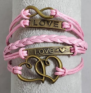 AZ395 Pink Love Heart Infinity Leather Layer Bracelet