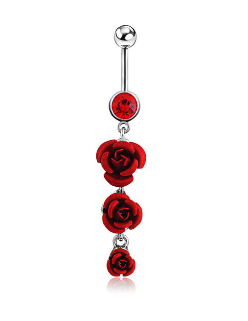 P156 Silver Red Rose Belly Button Ring - Iris Fashion Jewelry