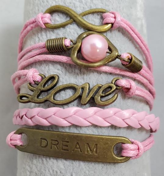 AZ984 Pink Heart Pearl Love Dream Infinity Layer Leather Bracelet