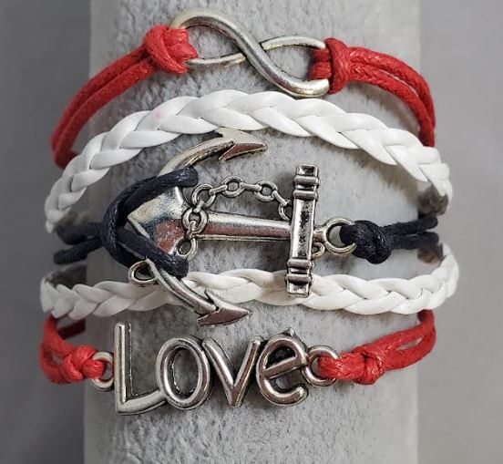 AZ379 Red Black White Anchor Love Infinity Leather Layer Bracelet