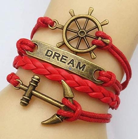 AZ343 Red Ship Wheel Dream Anchor Leather Layer Bracelet