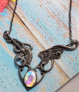 N38 Silver Iridescent Gemstone Pegasus Necklace with FREE EARRINGS