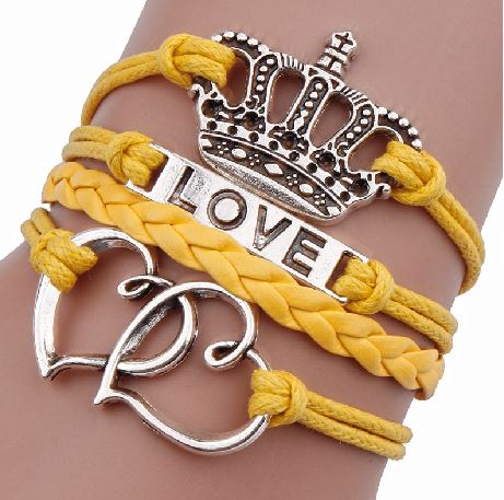 AZ342 Yellow Crown Love Heart Leather Layer Bracelet