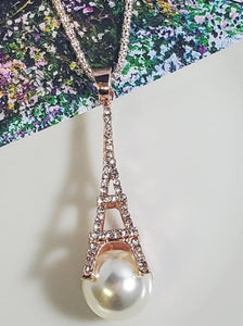 AZ450 Rose Gold Rhinestone Eiffel Tower Pearl Necklace with FREE EARRINGS