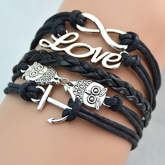 B50 Black Anchor Owl Love Infinity Leather Layer Bracelet - Iris Fashion Jewelry