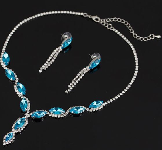 N1021 Silver Light Blue Gemstone Rhinestone Necklace with FREE Earrings - Iris Fashion Jewelry