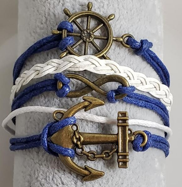 AZ526 Blue & White Ship Wheel Anchor Infinity Leather Layer Bracelet