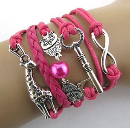 AZ1240 Hot Pink Key Giraffe Owl Infinity Leather Bracelet