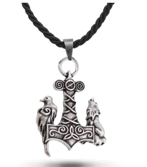 +AZ1007 Silver Viking Design Raven Wolf on Braided Leather Necklace with FREE EARRINGS
