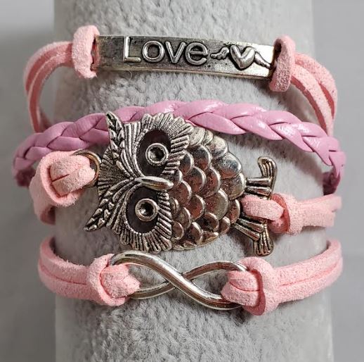 AZ1178 Light Pink Love Owl Infinity Layer Leather Bracelet
