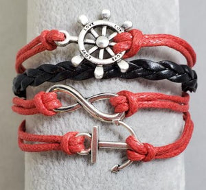 AZ1355 Red & Black Ship Wheel Anchor Infinity Layer Leather Bracelet