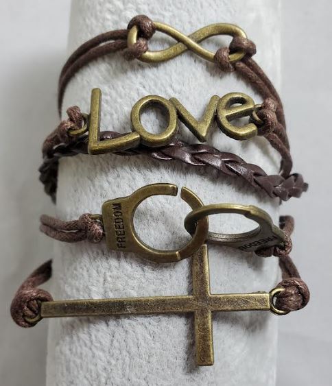 AZ1495 Brown Love Handcuff Cross Infinity Layer Leather Bracelet