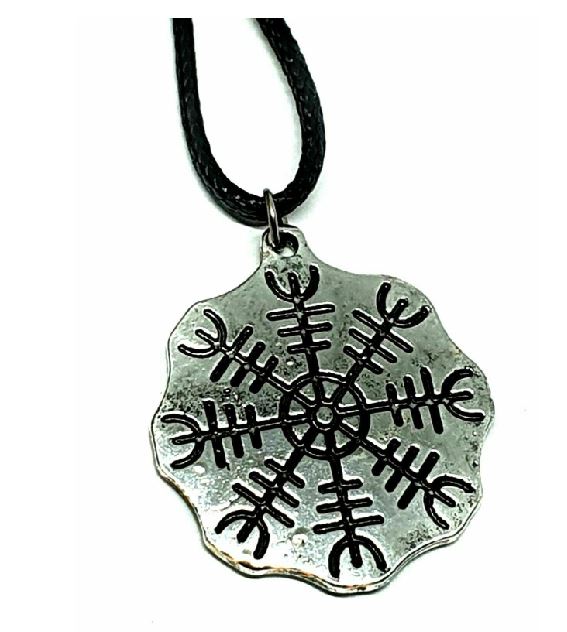 AZ694 Silver Helm of Awe Pendant on Leather Cord Necklace with FREE EARRINGS