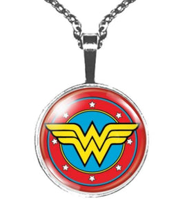 AZ847 Silver W Superhero Dome Necklace with FREE EARRINGS