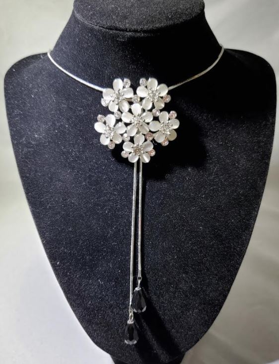 N2131 Silver Moonstone Flower Cluster Black Gem Adjustable Sweater Necklace with FREE Earrings - Iris Fashion Jewelry