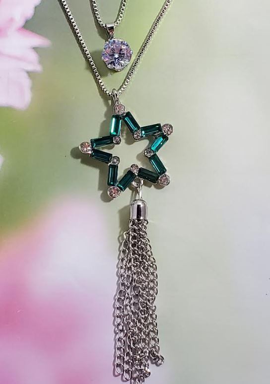 AZ683 Silver Green Star Tassel Necklace with FREE EARRINGS