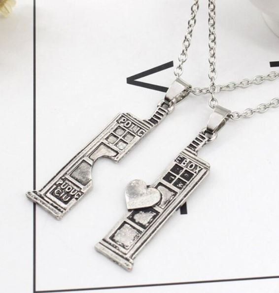 AZ722 Silver Police Box Friendship Necklace 2 NECKLACES with FREE EARRINGS