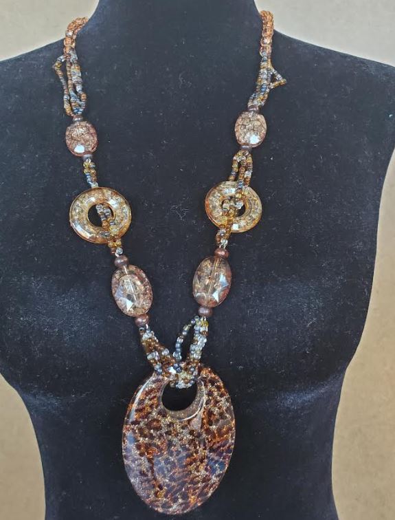 N2113 Brown Bead Glitter Leopard Print Acrylic Long Necklace With Free Earrings - Iris Fashion Jewelry