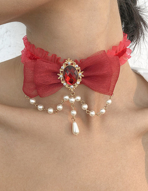 N1269 Gold Red Gemstone Bow Pearls Choker Necklace with FREE EARRINGS - Iris Fashion Jewelry