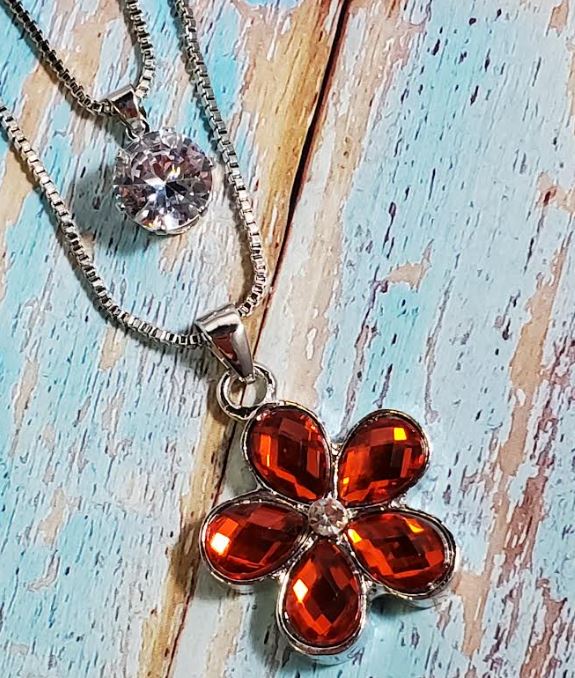 AZ570 Silver Orange Gemstone Flower Necklace with FREE Earrings