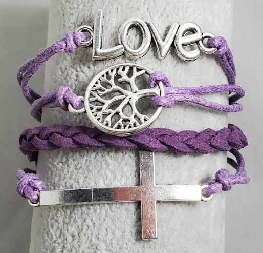 AZ380 Lavender Love Tree Cross Leather Layer Bracelet