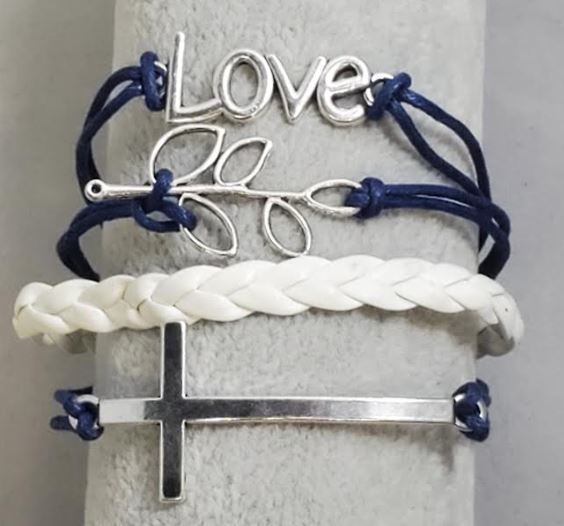 B1290 Blue & White Love Cross Leaf Leather Layer Bracelet - Iris Fashion Jewelry
