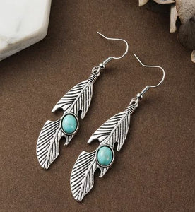 E1465 Silver Feather Turquoise Stone Earrings