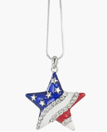 AZ479 Silver Patriotic Rhinestone Star Necklace with FREE Earrings