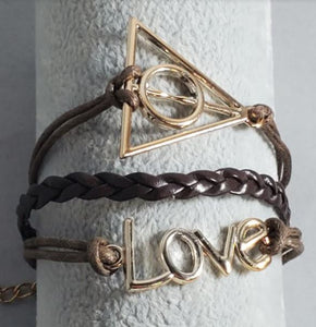 B704 Brown Rose Gold Triangle Love Leather Layer Bracelet