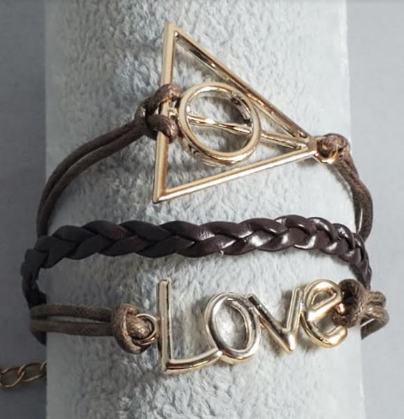 B704 Brown Rose Gold Triangle Love Leather Layer Bracelet