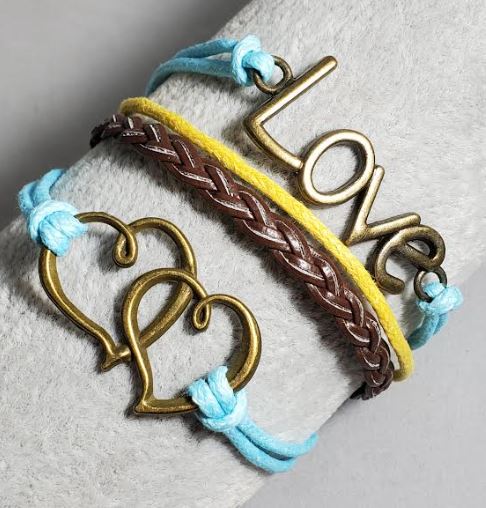 B495 Light Blue Brown Love Heart Leather Bracelet - Iris Fashion Jewelry
