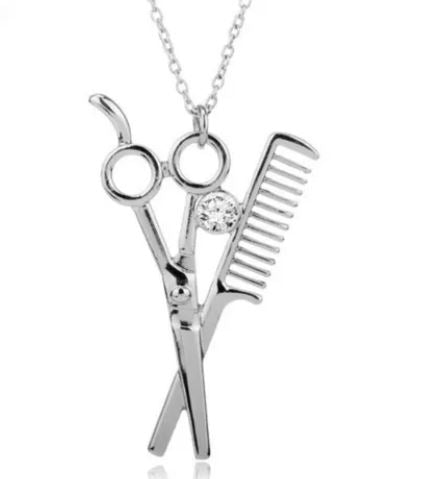 AZ947 Silver Scissor Comb Hair Dresser Necklace with FREE EARRINGS