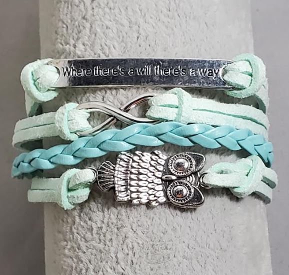 AZ180 Mint Green Where There's a Will There's a Way Owl Infinity Layer Bracelet