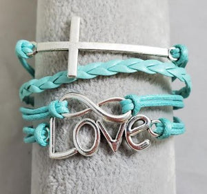 AZ1348 Mint Green Cross Love Infinity Layer Leather Bracelet