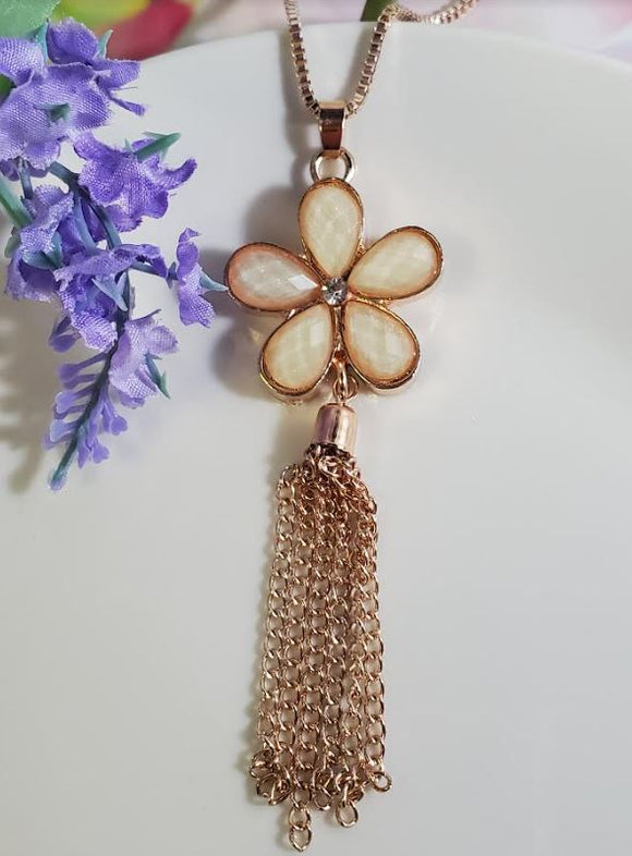 AZ246 Rose Gold Shimmer Gemstone Flower Tassel Necklace with FREE Earrings