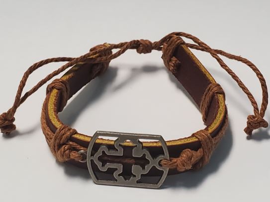 B392 Brown Leather Cross Light Brown Cord Bracelet - Iris Fashion Jewelry