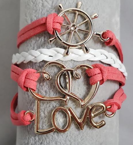 AZ1220 Salmon Pink Heart Love Ship Wheel Infinity Layer Leather Bracelet