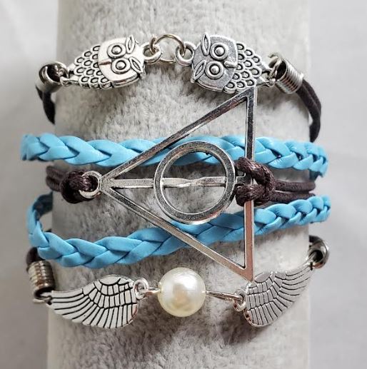 AZ1487 Blue & Brown Wing Deathly Hallows Owl Infinity Layer Leather Bracelet