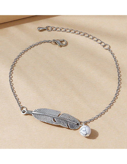 B1274 Silver Feather Gray Bead Ankle Bracelet - Iris Fashion Jewelry