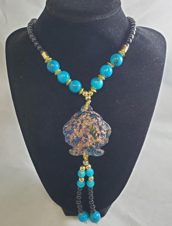 AZ16 Black Bead Fashion Blue Koi Fish Decorated Glass Long Necklace With Free Earrings - Iris Fashion Jewelry