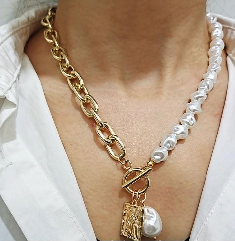 N2191 Gold Pearl & Chain Necklace with FREE EARRINGS - Iris Fashion Jewelry