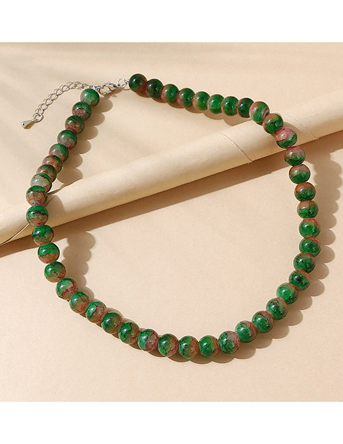 N1547 Silver Dark Green Crackle Glass Bead Necklace with FREE EARRINGS - Iris Fashion Jewelry
