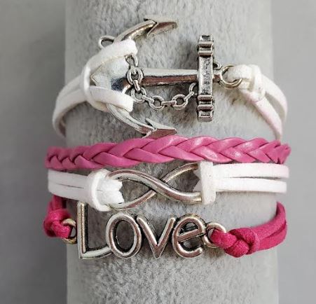 AZ686 White & Hot Pink Anchor Love Infinity Layer Leather Bracelet