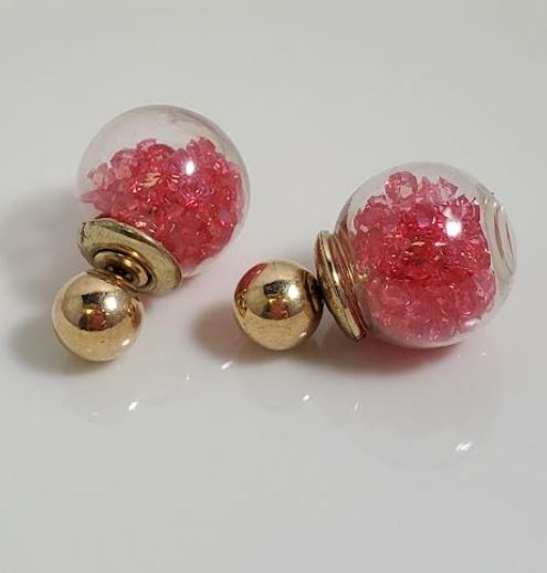 AZ1205 Gold Pink Gem Filled Ball Earrings