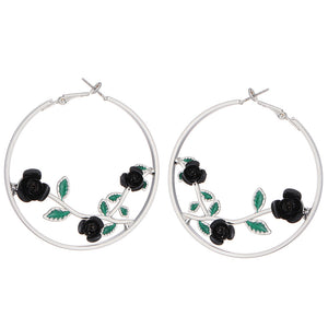 E593 Silver Black Rose Hoop Earrings - Iris Fashion Jewelry